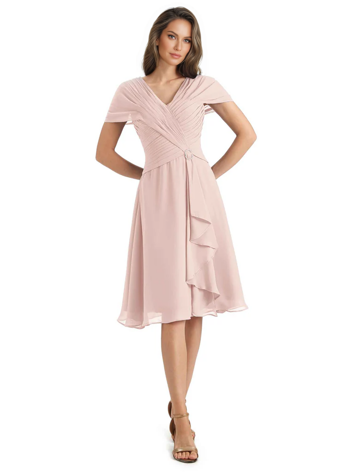Mother of the Bride Dress Knee-Length V-Neck Chiffon Gown with Ruched Bodice