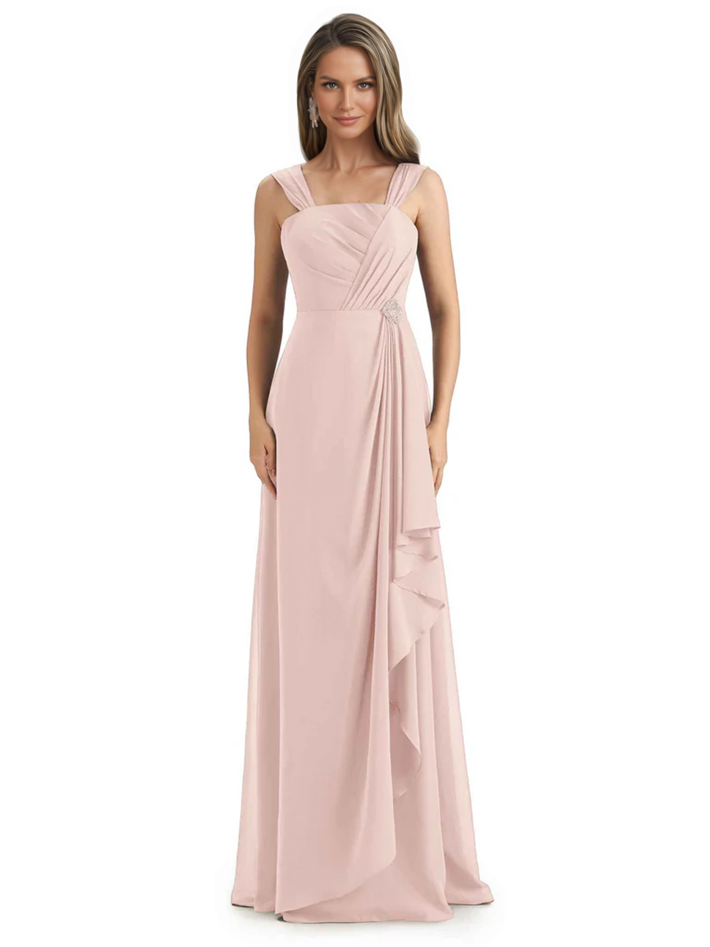 Square Neck Mother of the Bride Dress Floor-Length Chiffon Gown with Ruched Bodice