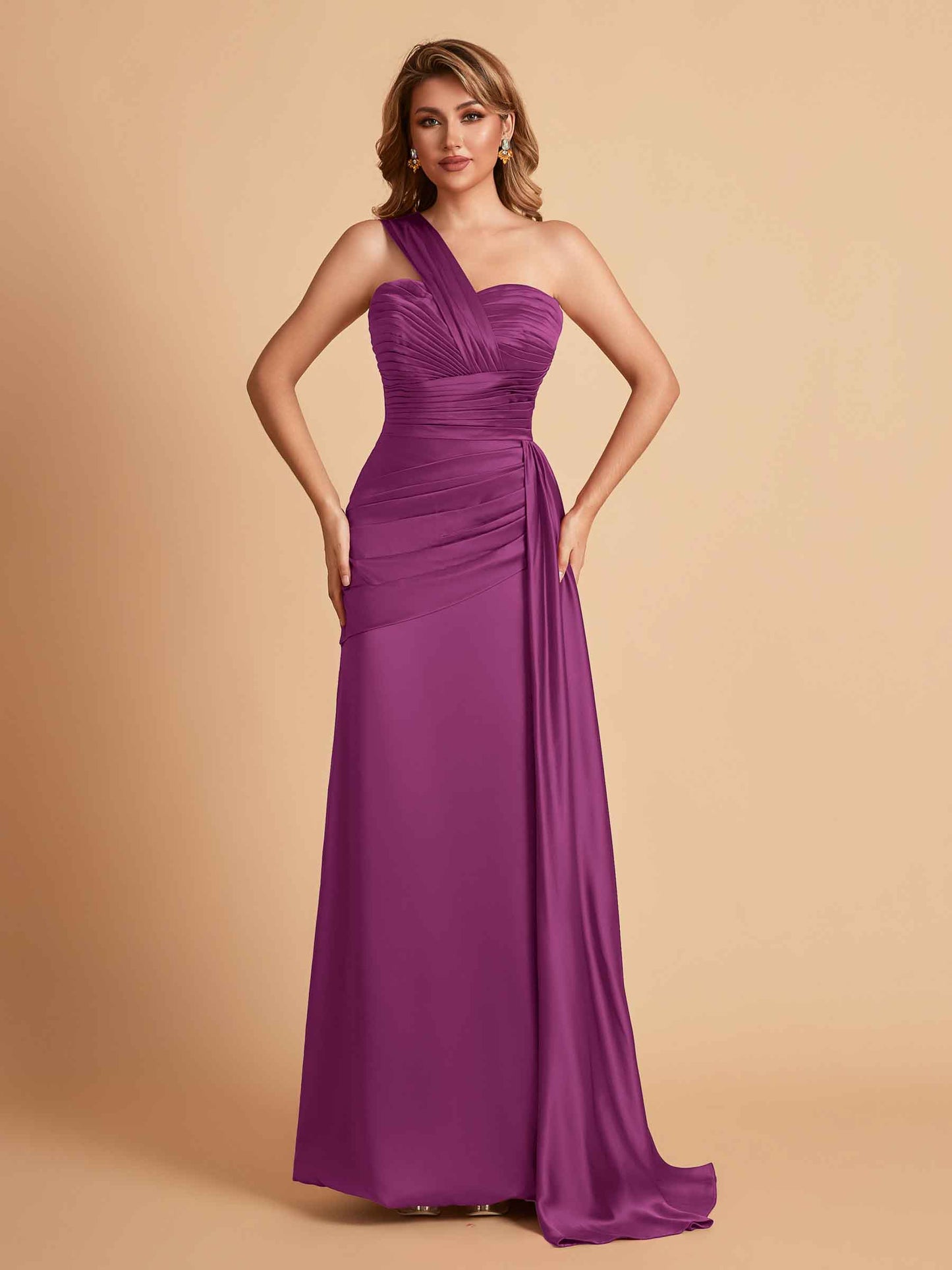 Sexy Satin Sheath One Shoulder With Train Elegant Long Bridesmaid Dresses