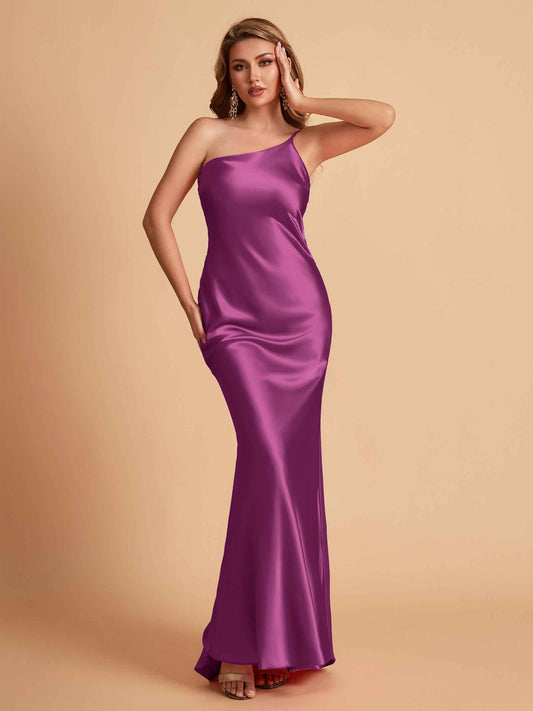 Sexy Silky Satin Sheath One Shoulder Comfy Long Bridesmaid Dresses