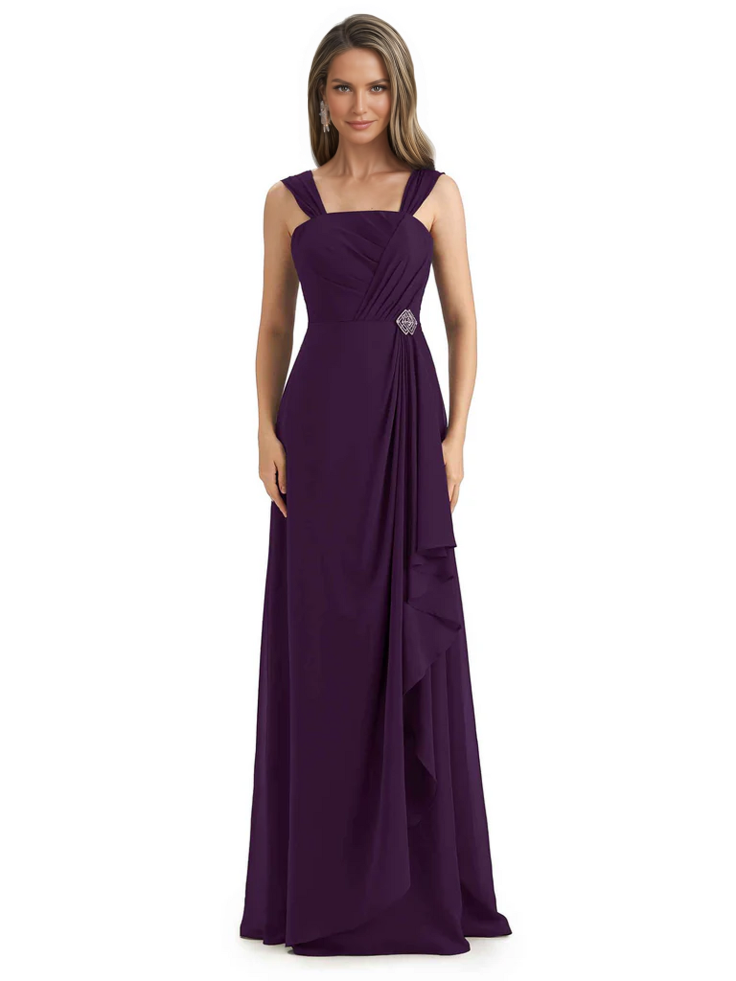 Square Neck Mother of the Bride Dress Floor-Length Chiffon Gown with Ruched Bodice