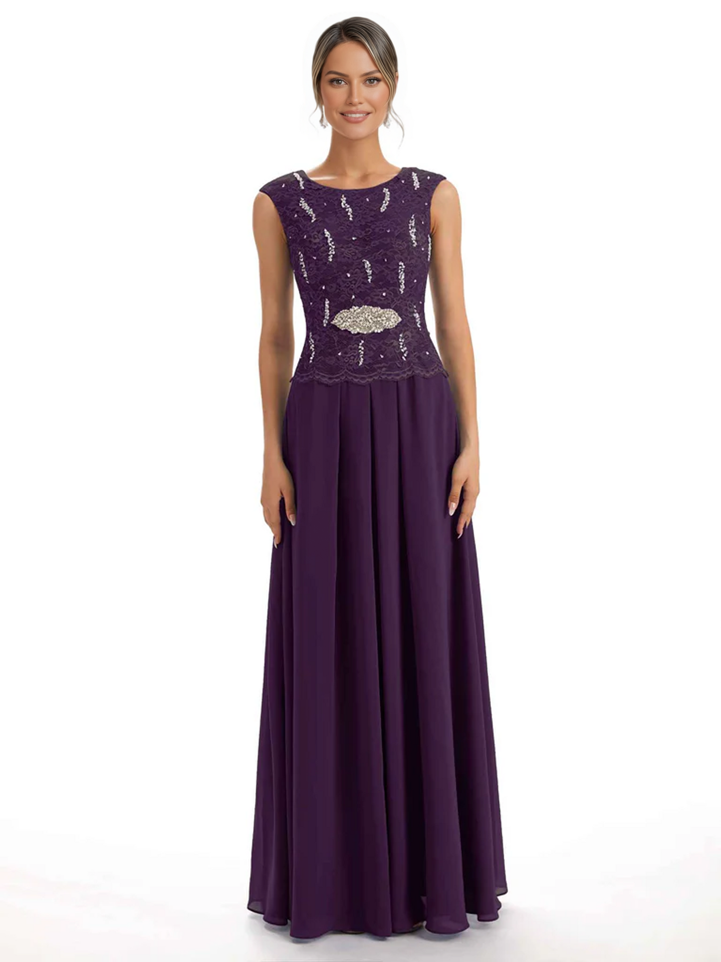 Mother of the Bride Dress Floor-Length Chiffon Gown with Embroidered Lace Bodice