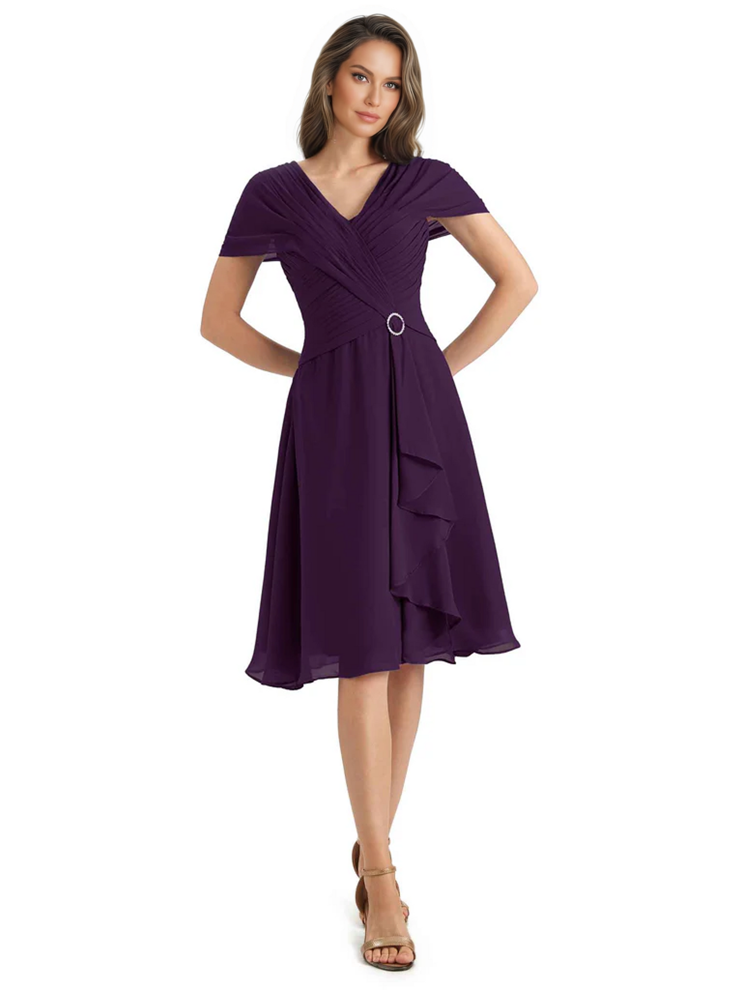 Mother of the Bride Dress Knee-Length V-Neck Chiffon Gown with Ruched Bodice