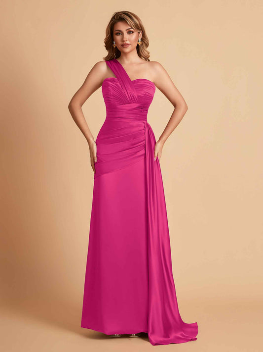 Sexy Satin Sheath One Shoulder With Train Elegant Long Bridesmaid Dresses