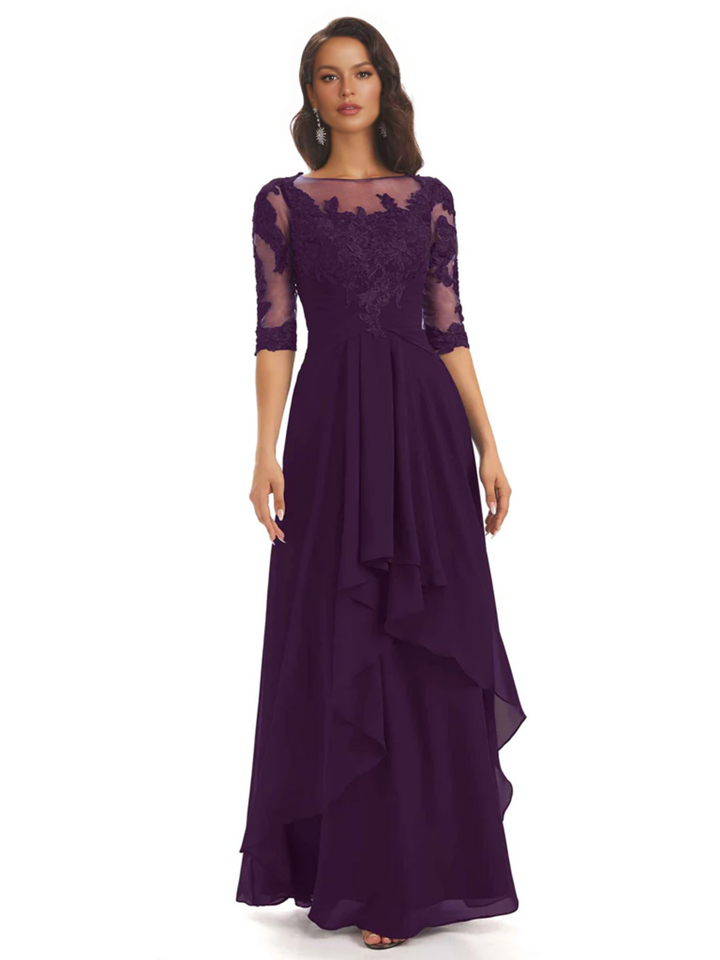 Elegant Lace A-line Chiffon Half Sleeves Mother of the Brides Dresses Floor Length