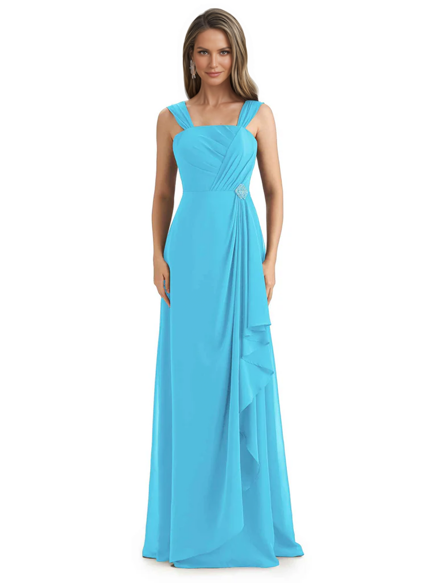 Square Neck Mother of the Bride Dress Floor-Length Chiffon Gown with Ruched Bodice