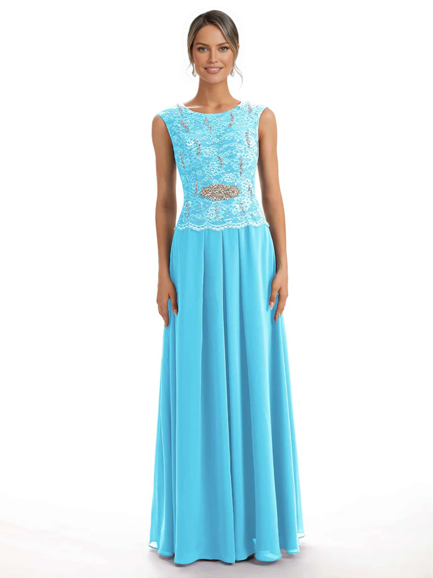 Mother of the Bride Dress Floor-Length Chiffon Gown with Embroidered Lace Bodice