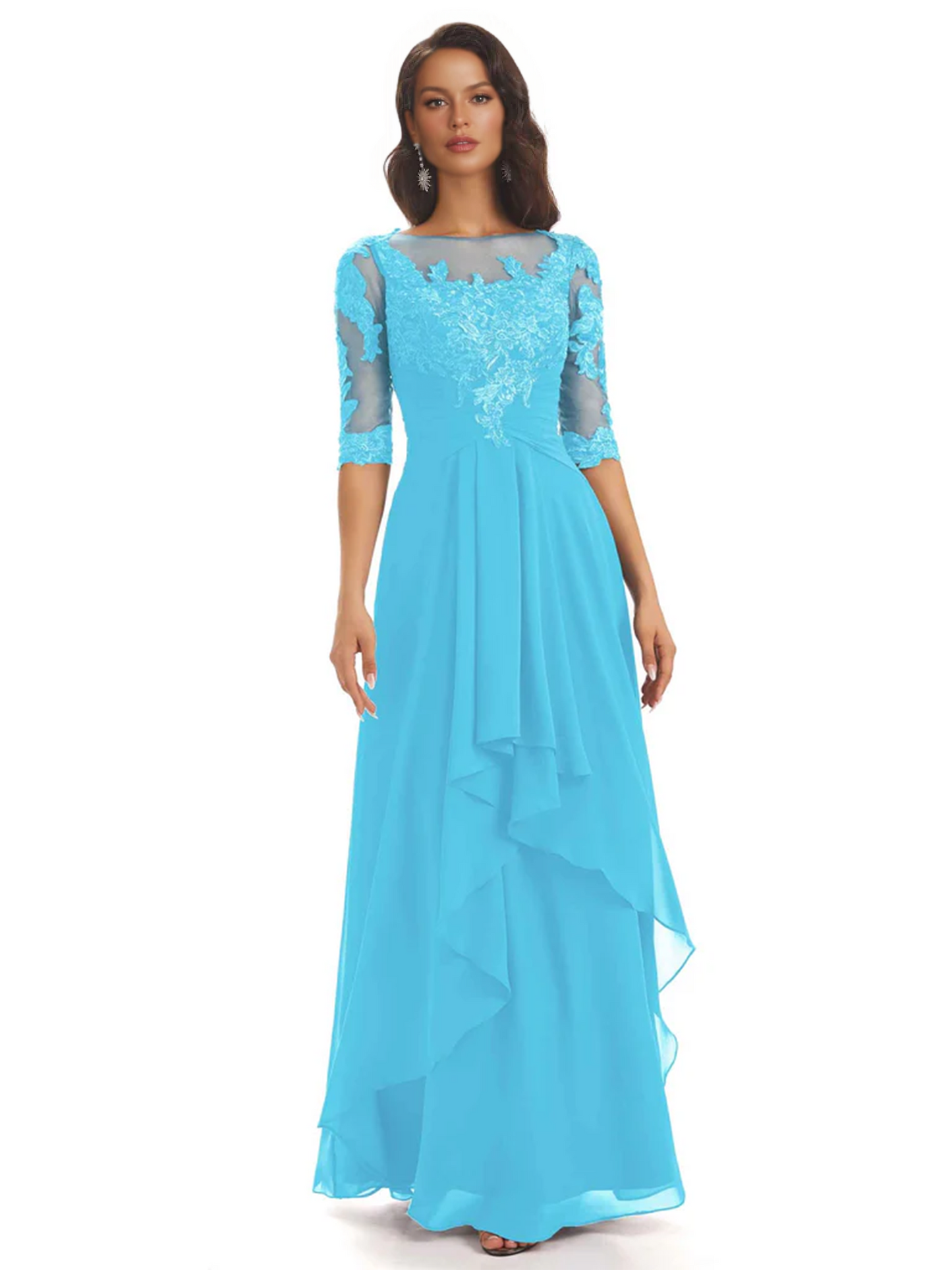 Elegant Lace A-line Chiffon Half Sleeves Mother of the Brides Dresses Floor Length