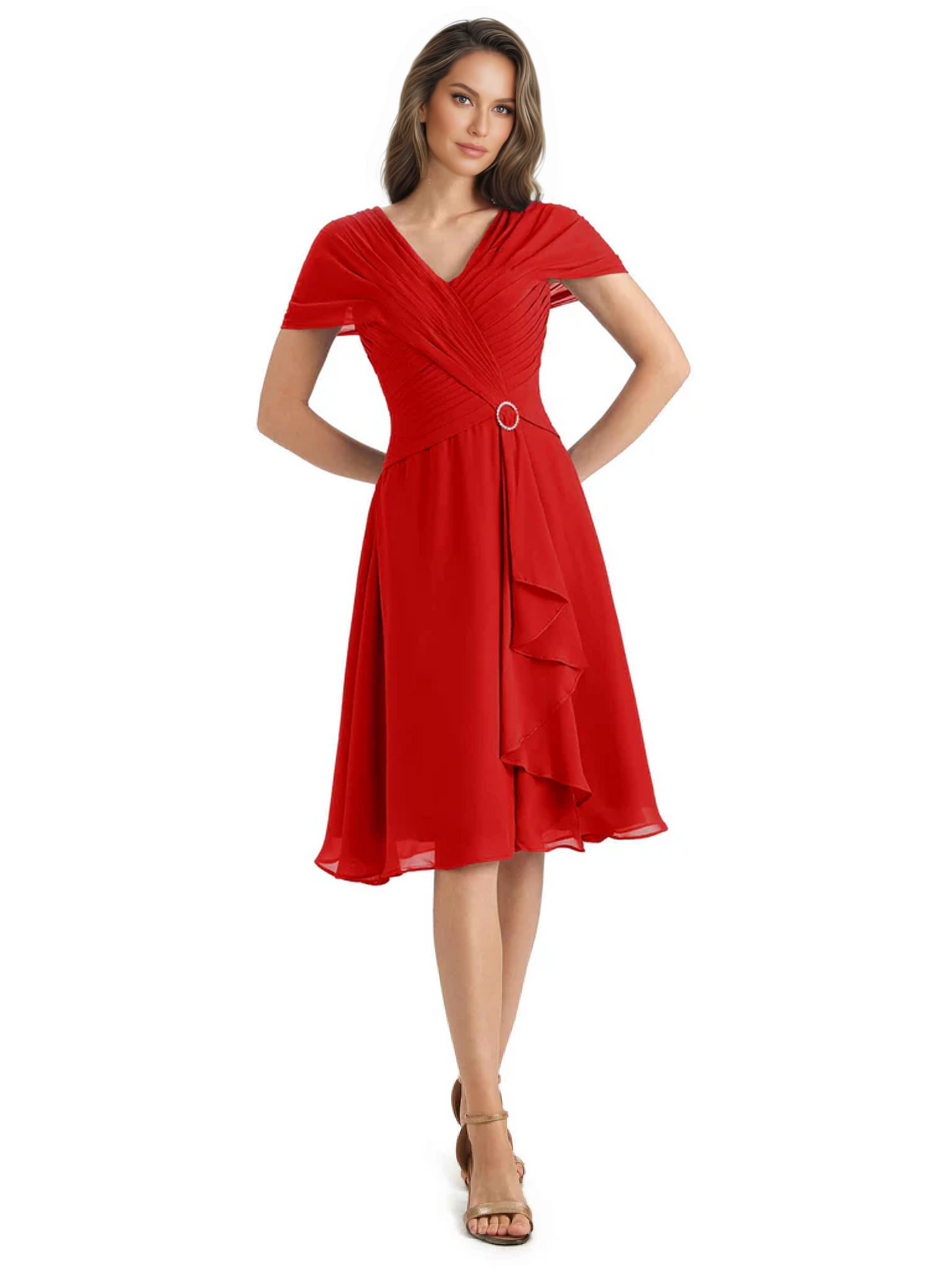 Mother of the Bride Dress Knee-Length V-Neck Chiffon Gown with Ruched Bodice