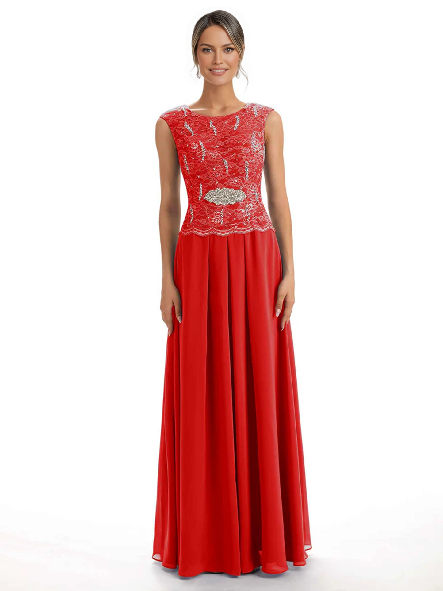Mother of the Bride Dress Floor-Length Chiffon Gown with Embroidered Lace Bodice