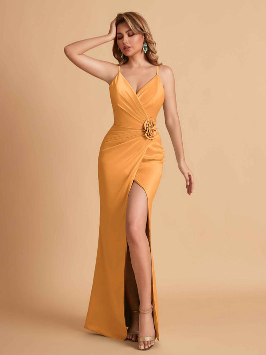 Elegant Satin Spaghetti Straps V-Neck Mermaid With Pleats and Flower Long Bridesmaid Dresses