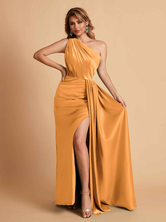 Elegant Soft Satin One Shoulder With Pleats Sheath Long Bridesmaid Dresses