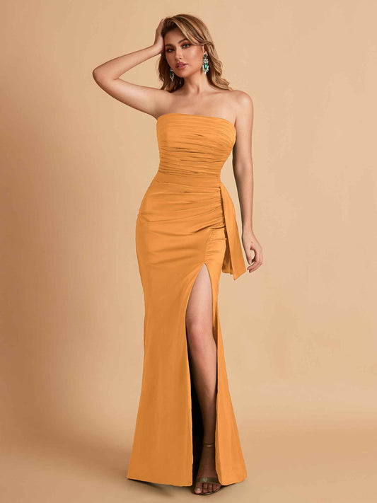 Sexy Strapless Satin Mermaid With Pleats Long Bridesmaid Dresses