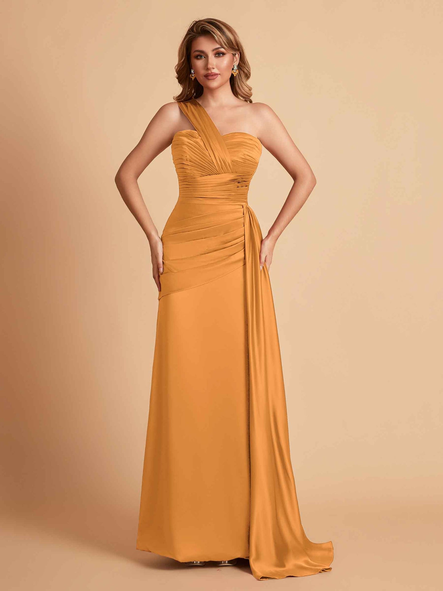Sexy Satin Sheath One Shoulder With Train Elegant Long Bridesmaid Dresses