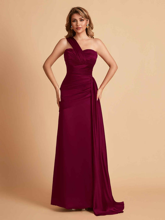 Sexy Satin Sheath One Shoulder With Train Elegant Long Bridesmaid Dresses