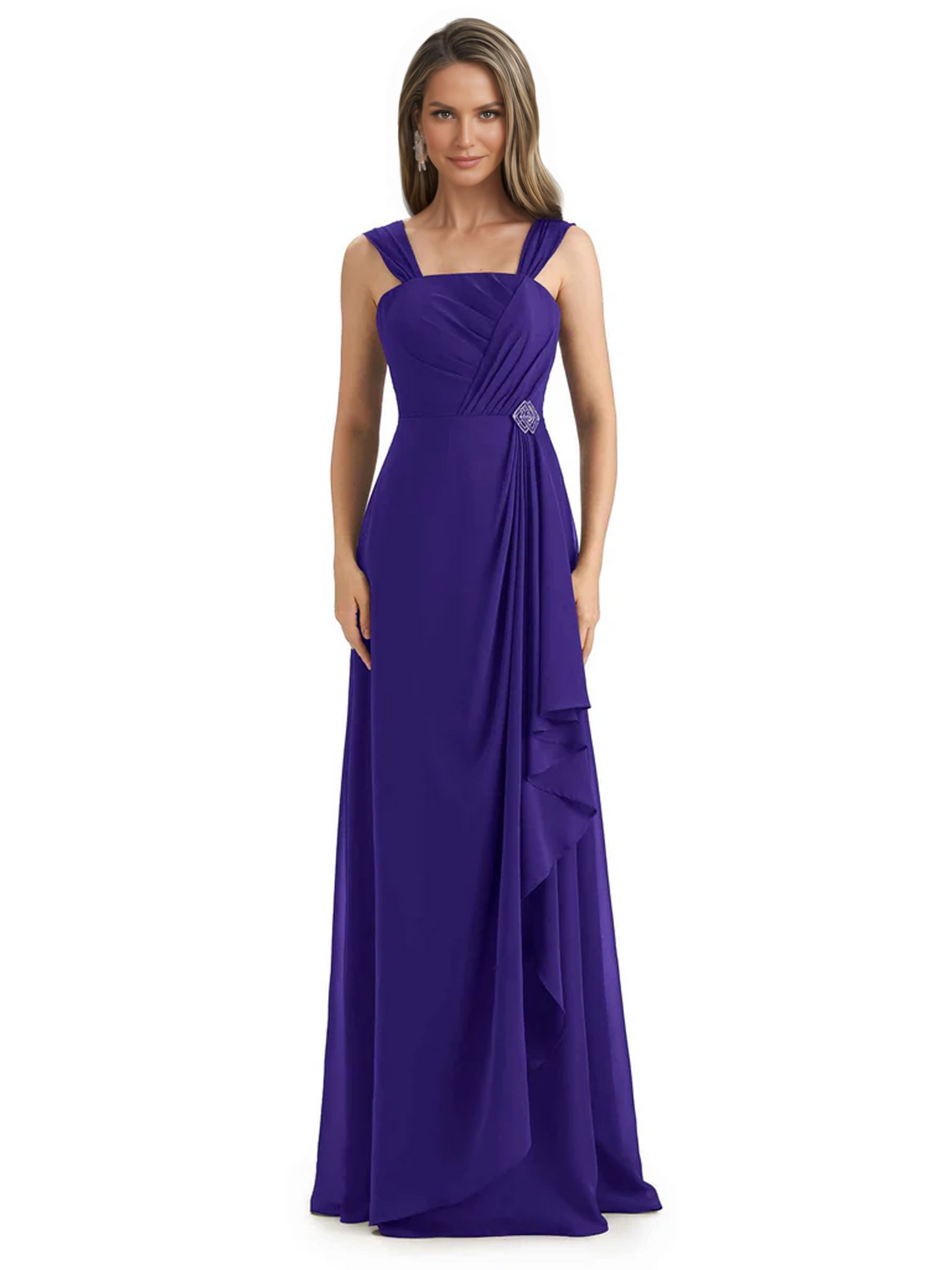 Square Neck Mother of the Bride Dress Floor-Length Chiffon Gown with Ruched Bodice
