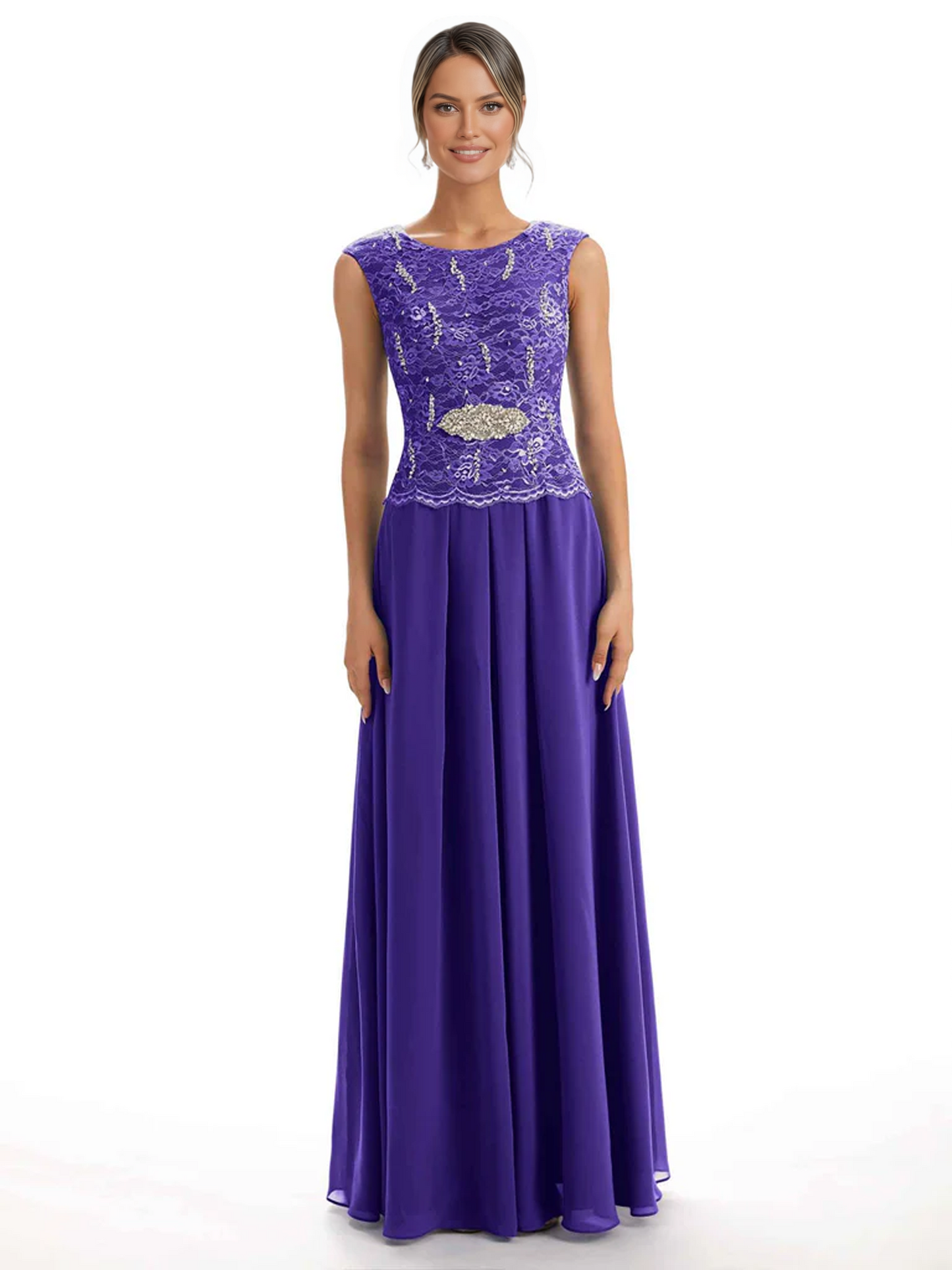 Mother of the Bride Dress Floor-Length Chiffon Gown with Embroidered Lace Bodice
