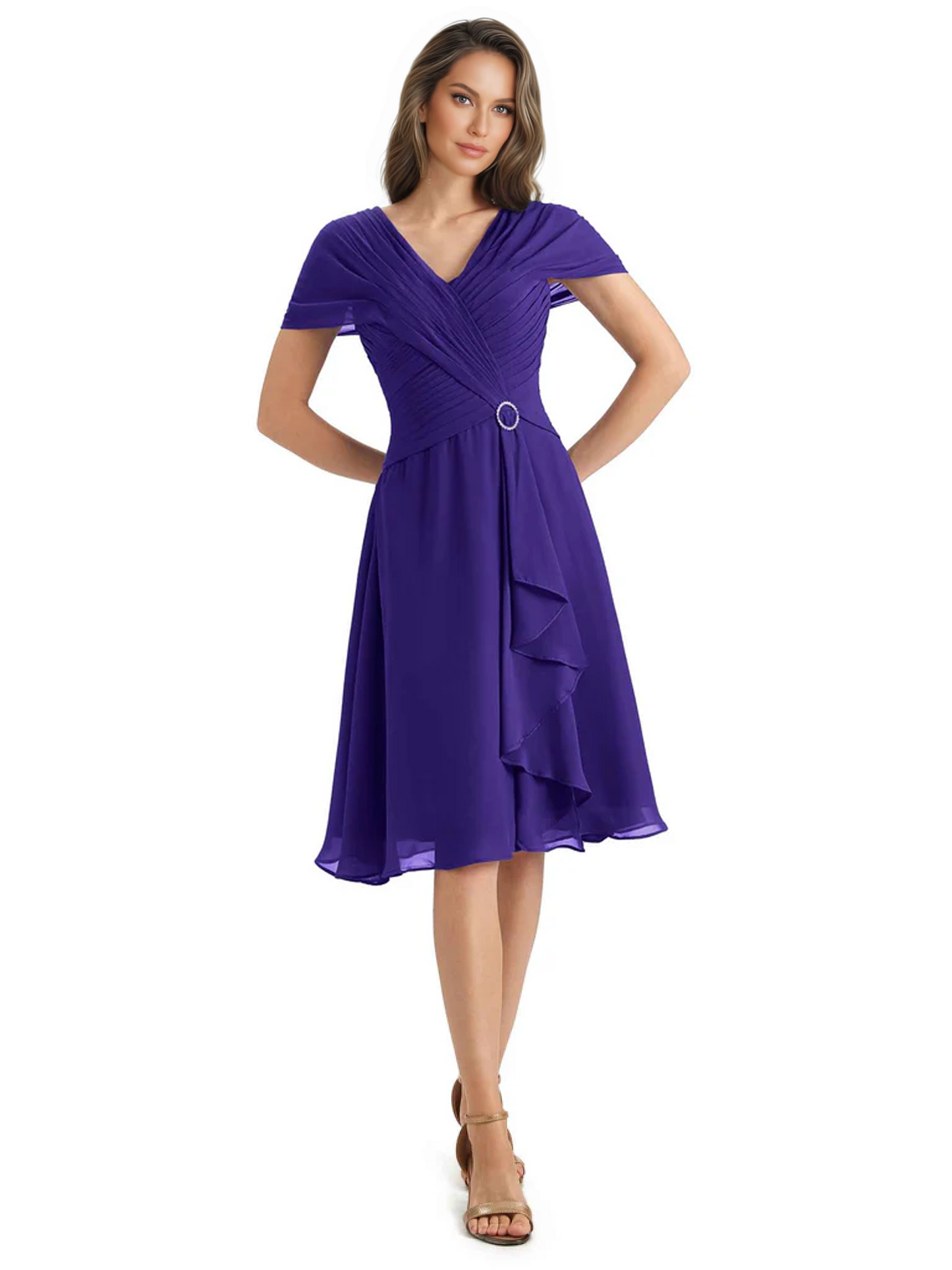 Mother of the Bride Dress Knee-Length V-Neck Chiffon Gown with Ruched Bodice