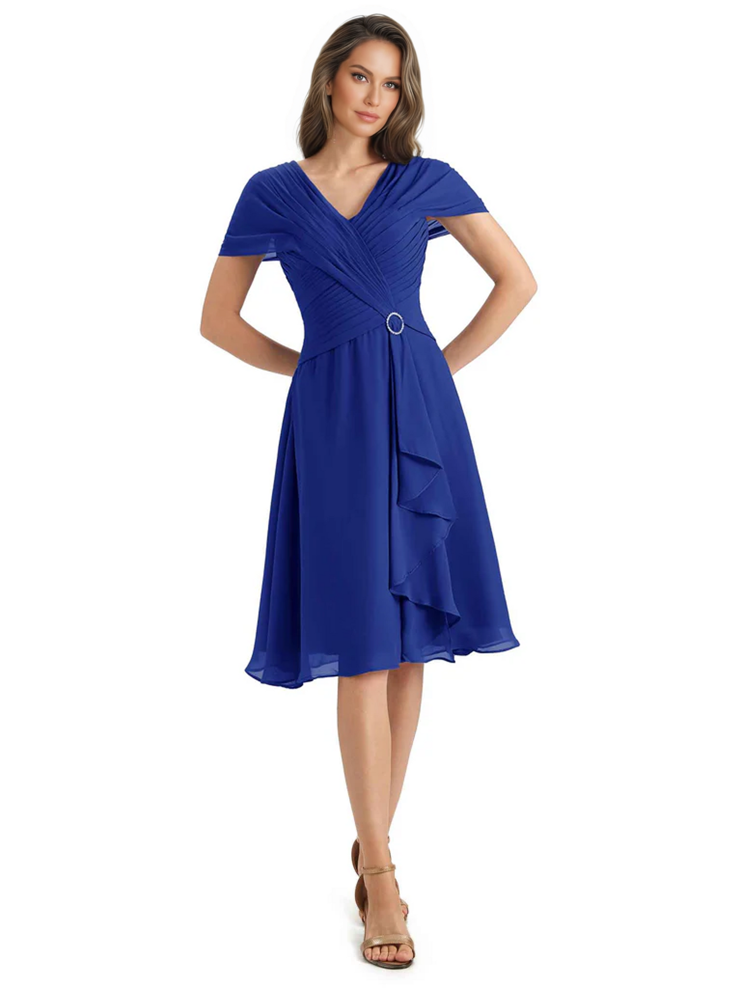 Mother of the Bride Dress Knee-Length V-Neck Chiffon Gown with Ruched Bodice