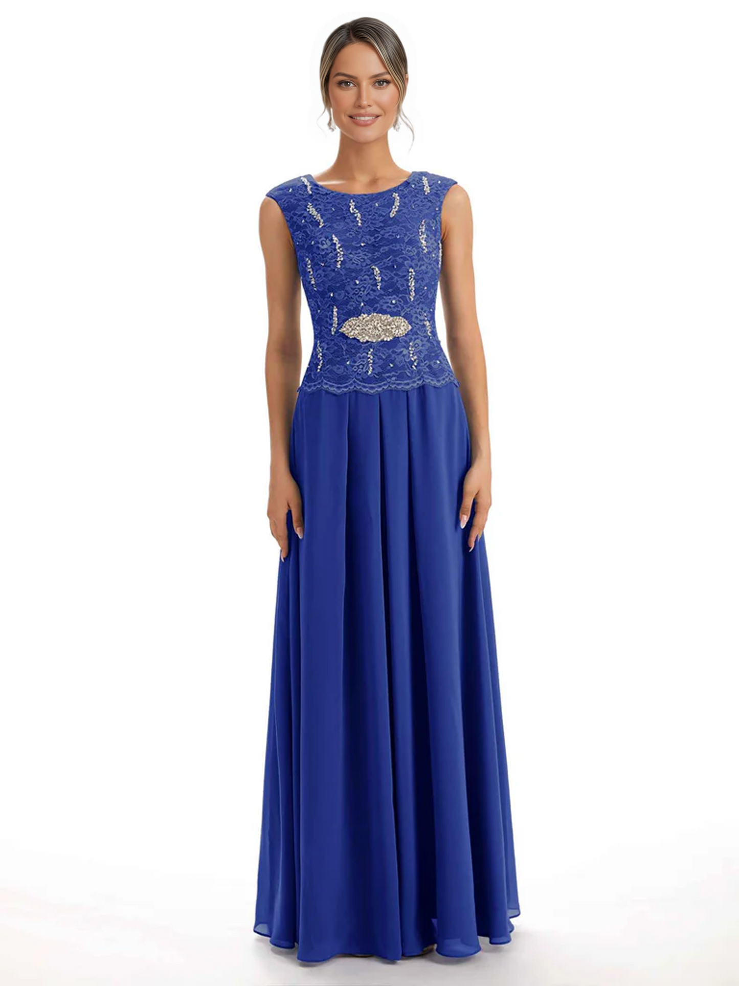 Mother of the Bride Dress Floor-Length Chiffon Gown with Embroidered Lace Bodice