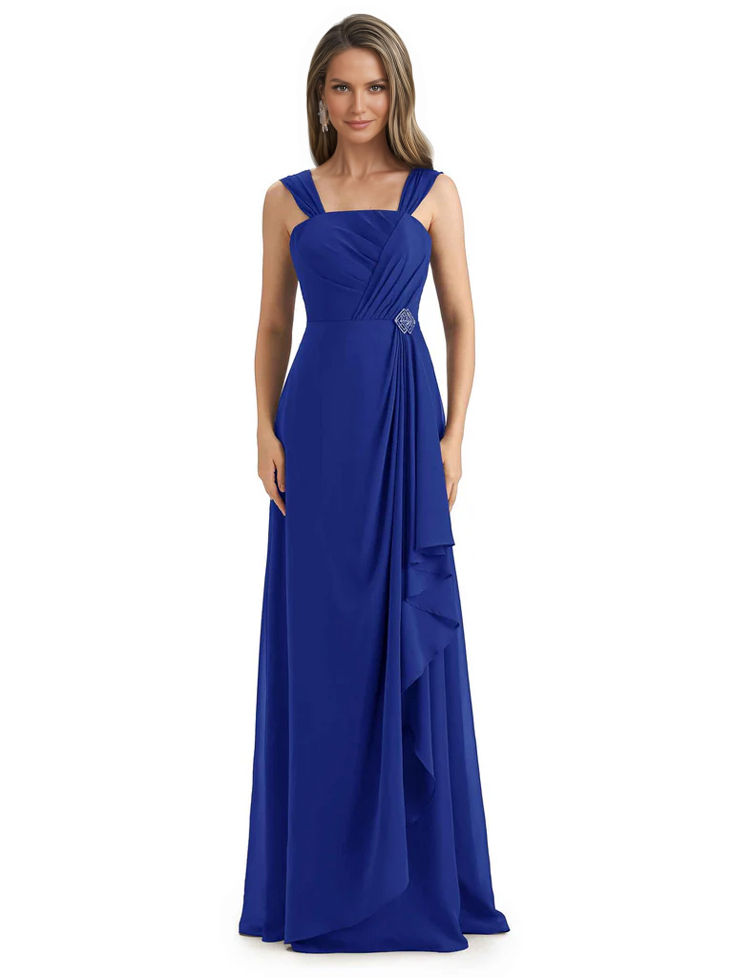Square Neck Mother of the Bride Dress Floor-Length Chiffon Gown with Ruched Bodice