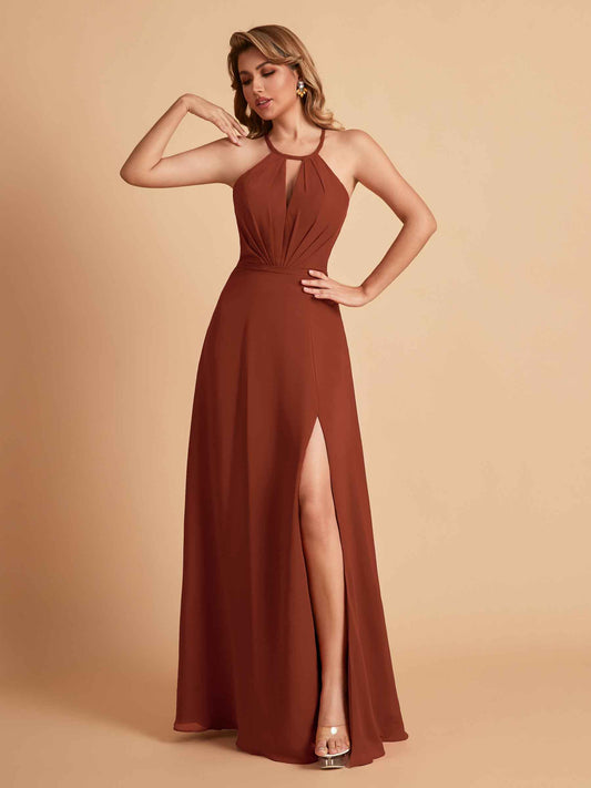 Stylish A-line Chiffon Halter Key-hole Open Back Floor Length Bridesmaid Dresses