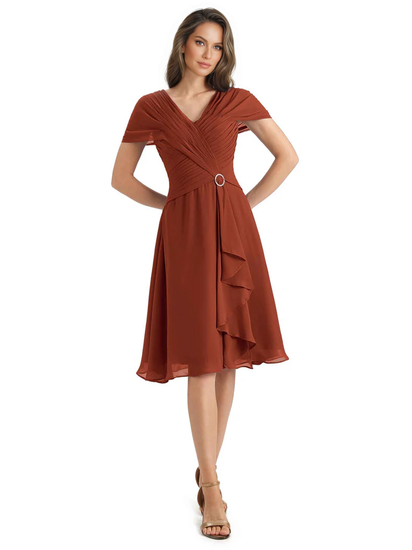 Mother of the Bride Dress Knee-Length V-Neck Chiffon Gown with Ruched Bodice