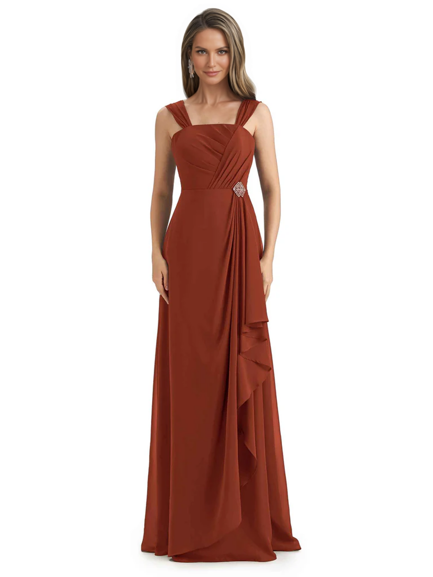 Square Neck Mother of the Bride Dress Floor-Length Chiffon Gown with Ruched Bodice