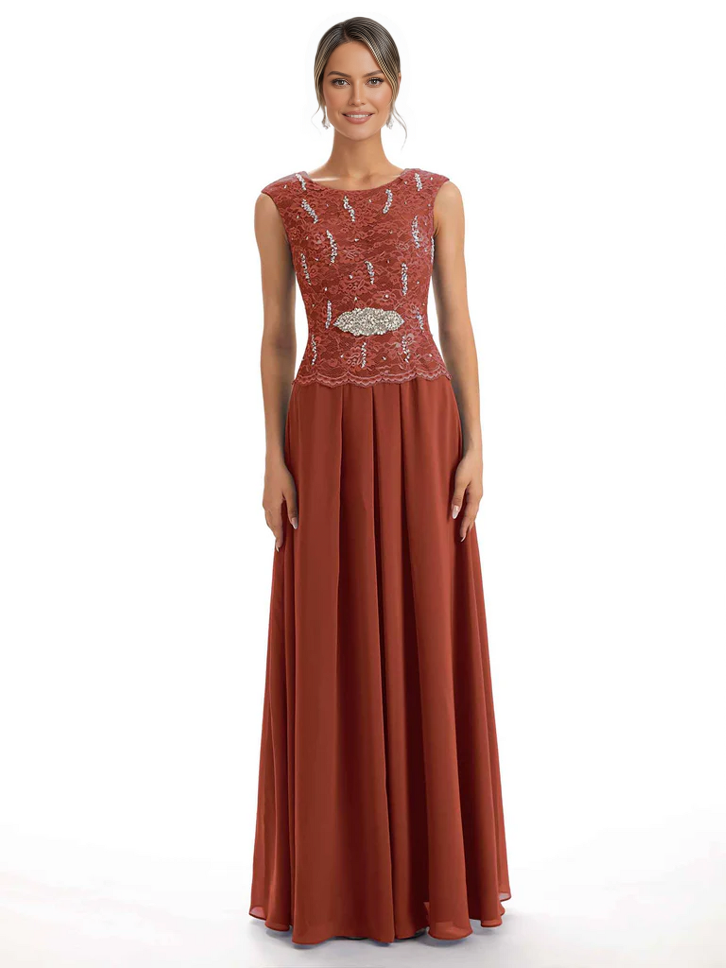 Mother of the Bride Dress Floor-Length Chiffon Gown with Embroidered Lace Bodice
