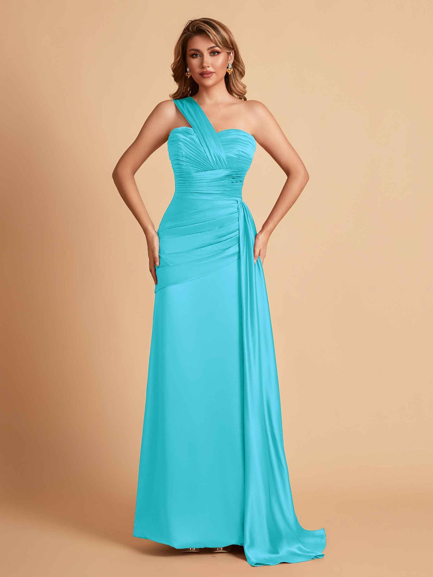 Sexy Satin Sheath One Shoulder With Train Elegant Long Bridesmaid Dresses
