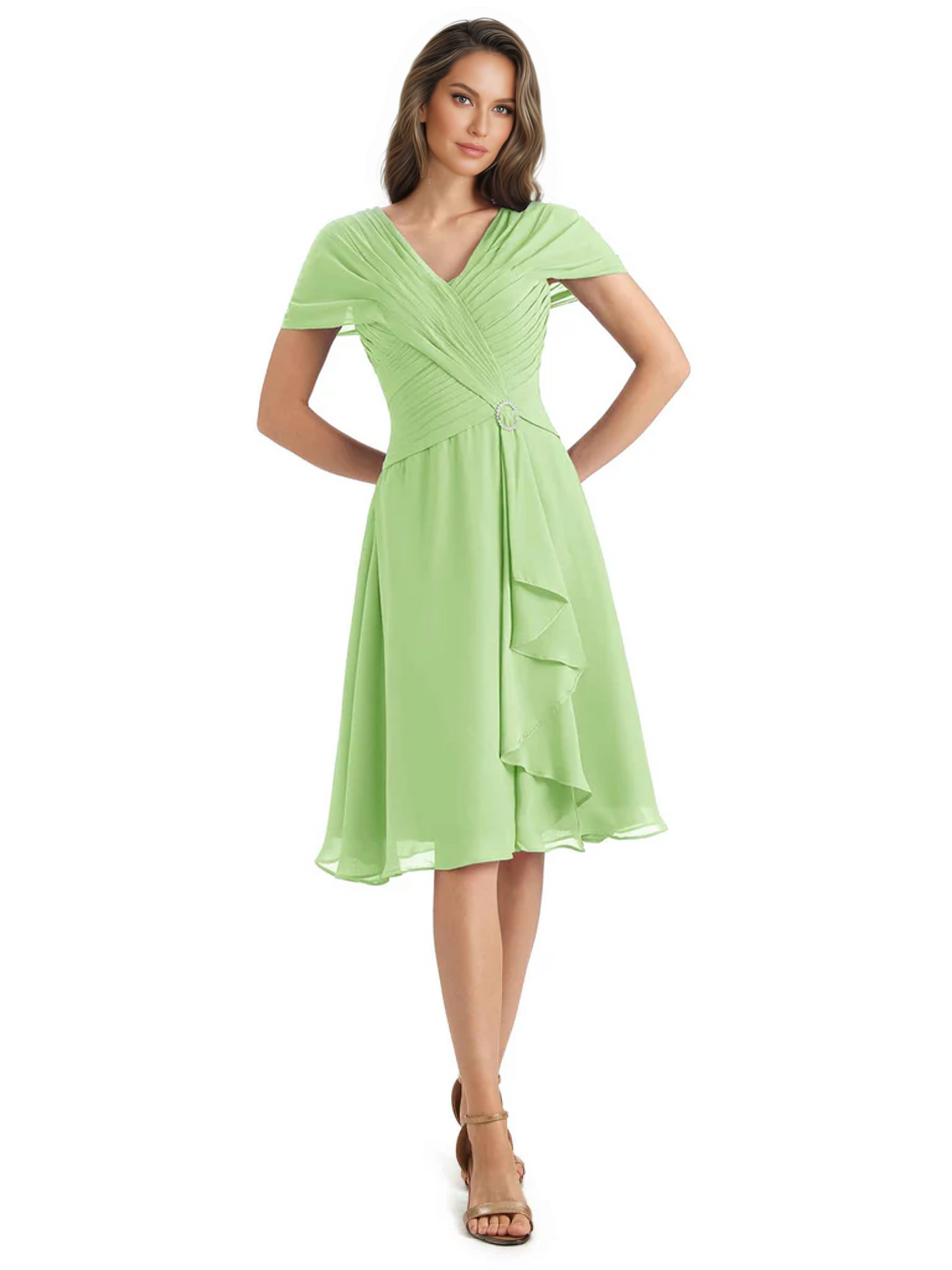 Mother of the Bride Dress Knee-Length V-Neck Chiffon Gown with Ruched Bodice