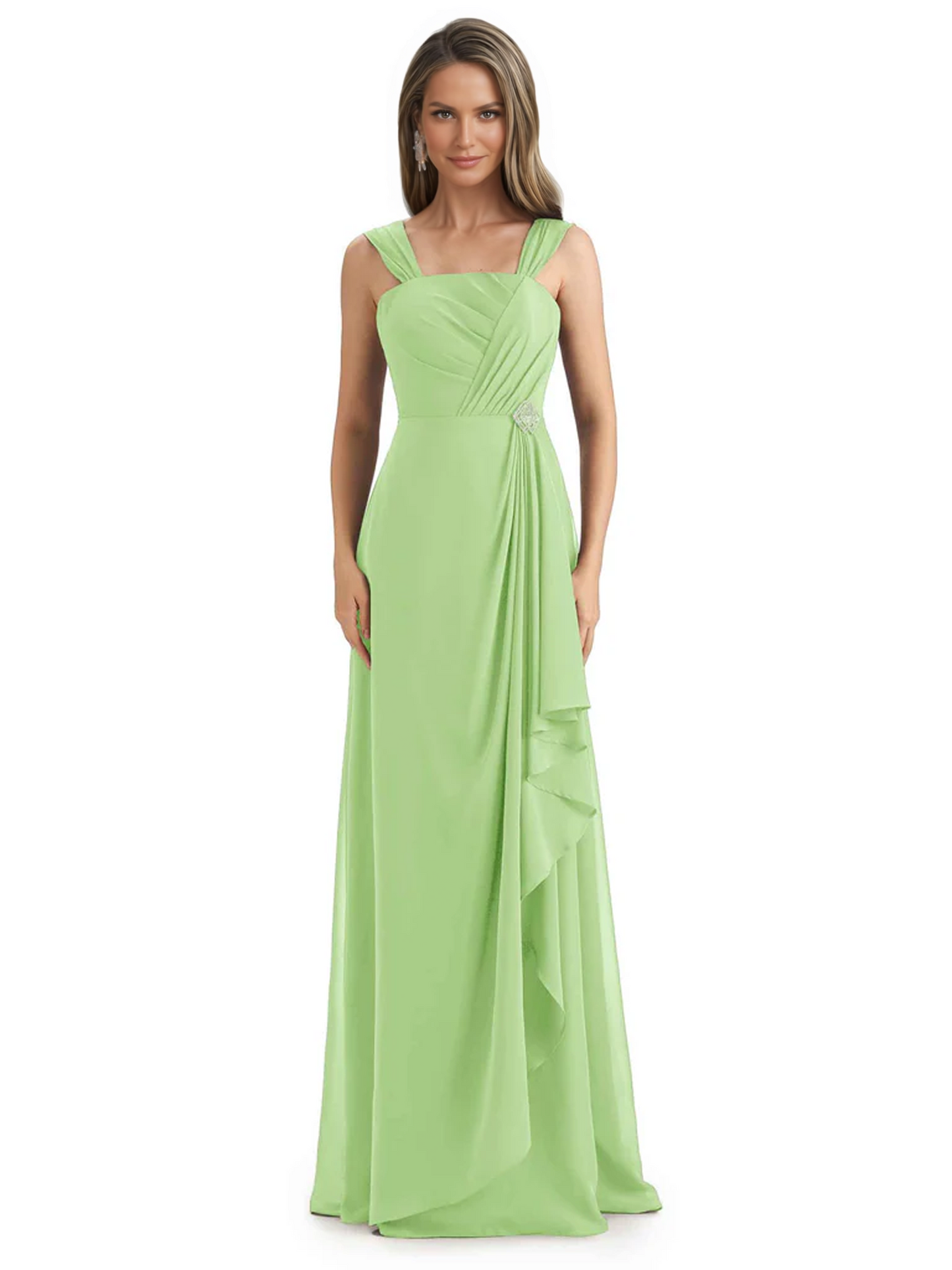 Square Neck Mother of the Bride Dress Floor-Length Chiffon Gown with Ruched Bodice