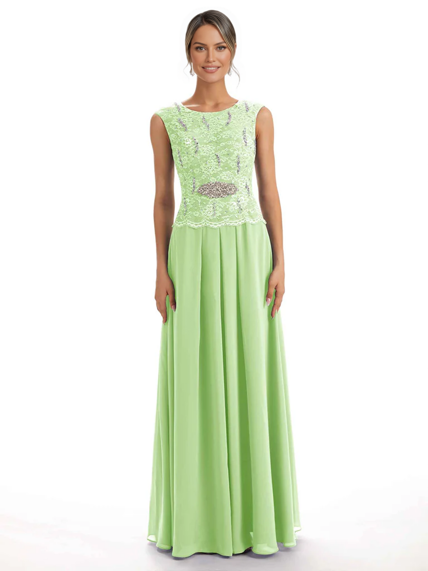 Mother of the Bride Dress Floor-Length Chiffon Gown with Embroidered Lace Bodice