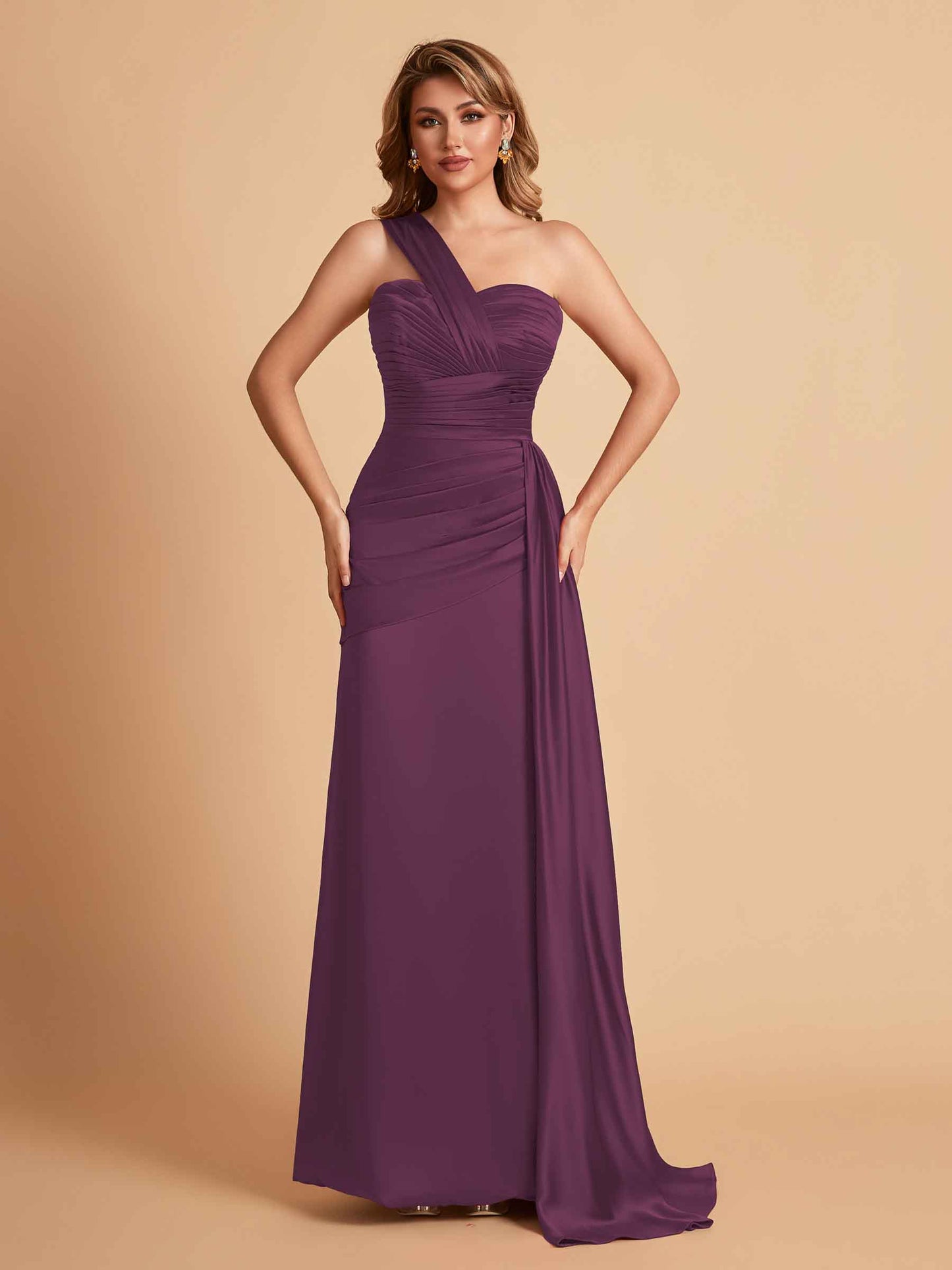 Sexy Satin Sheath One Shoulder With Train Elegant Long Bridesmaid Dresses