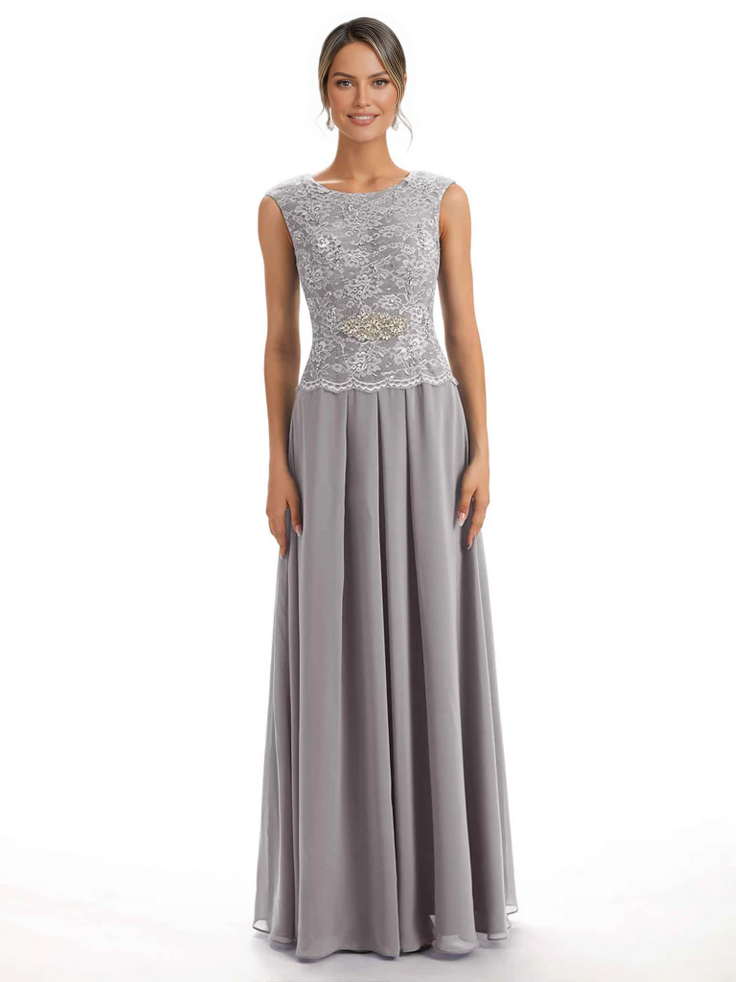 Mother of the Bride Dress Floor-Length Chiffon Gown with Embroidered Lace Bodice