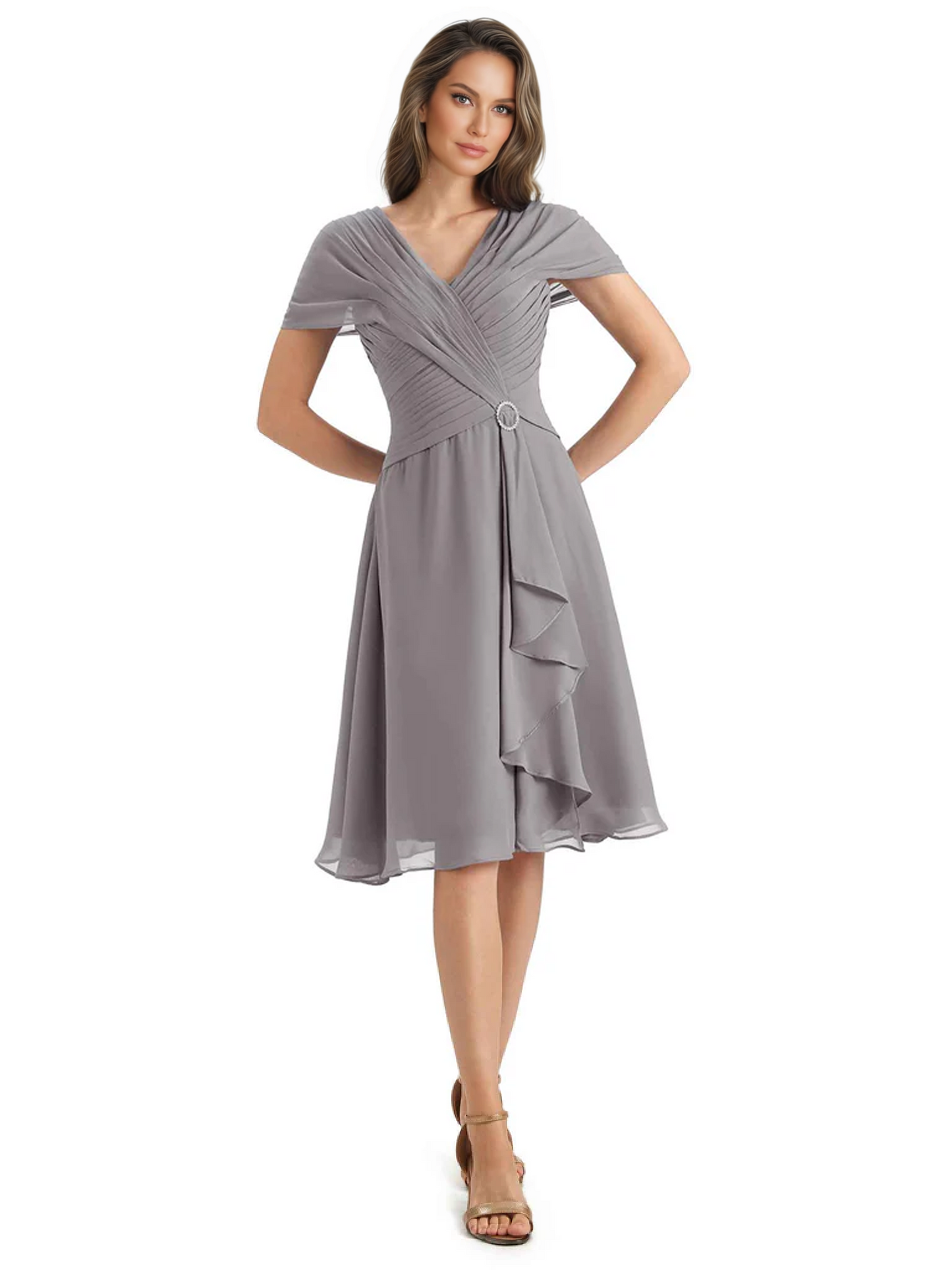 Mother of the Bride Dress Knee-Length V-Neck Chiffon Gown with Ruched Bodice