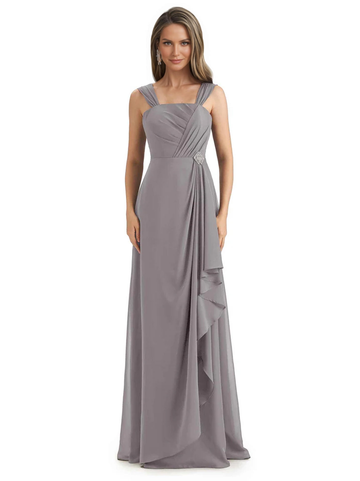 Square Neck Mother of the Bride Dress Floor-Length Chiffon Gown with Ruched Bodice