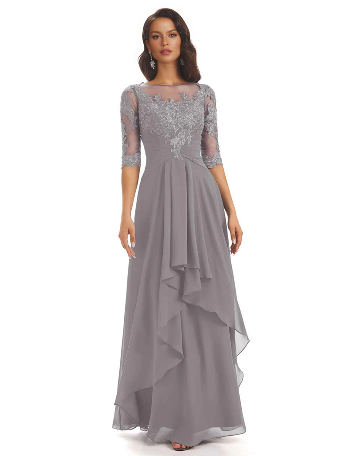 Elegant Lace A-line Chiffon Half Sleeves Mother of the Brides Dresses Floor Length