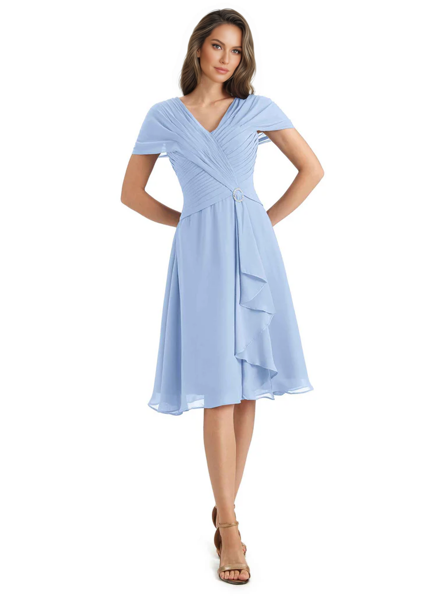 Mother of the Bride Dress Knee-Length V-Neck Chiffon Gown with Ruched Bodice
