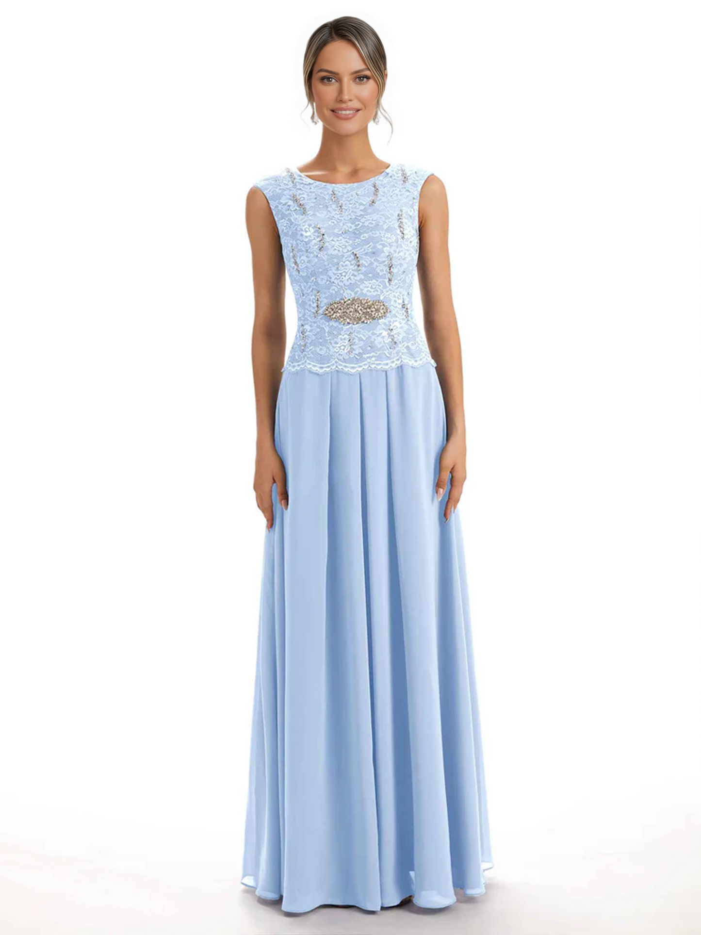 Mother of the Bride Dress Floor-Length Chiffon Gown with Embroidered Lace Bodice