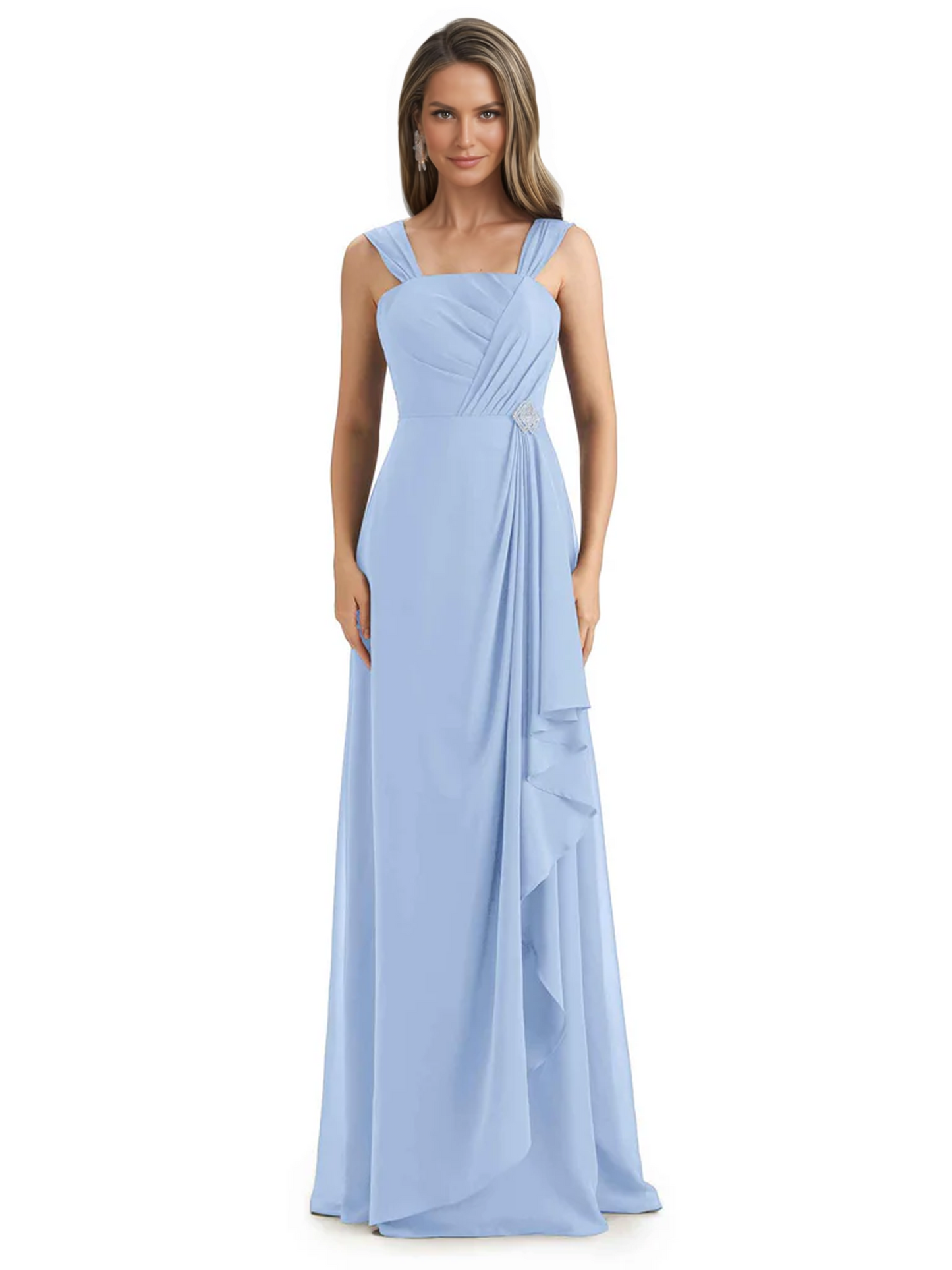Square Neck Mother of the Bride Dress Floor-Length Chiffon Gown with Ruched Bodice