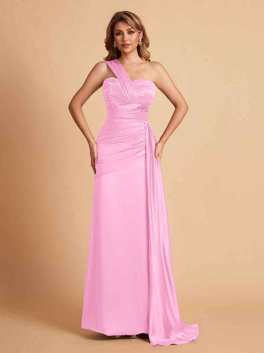 Sexy Satin Sheath One Shoulder With Train Elegant Long Bridesmaid Dresses