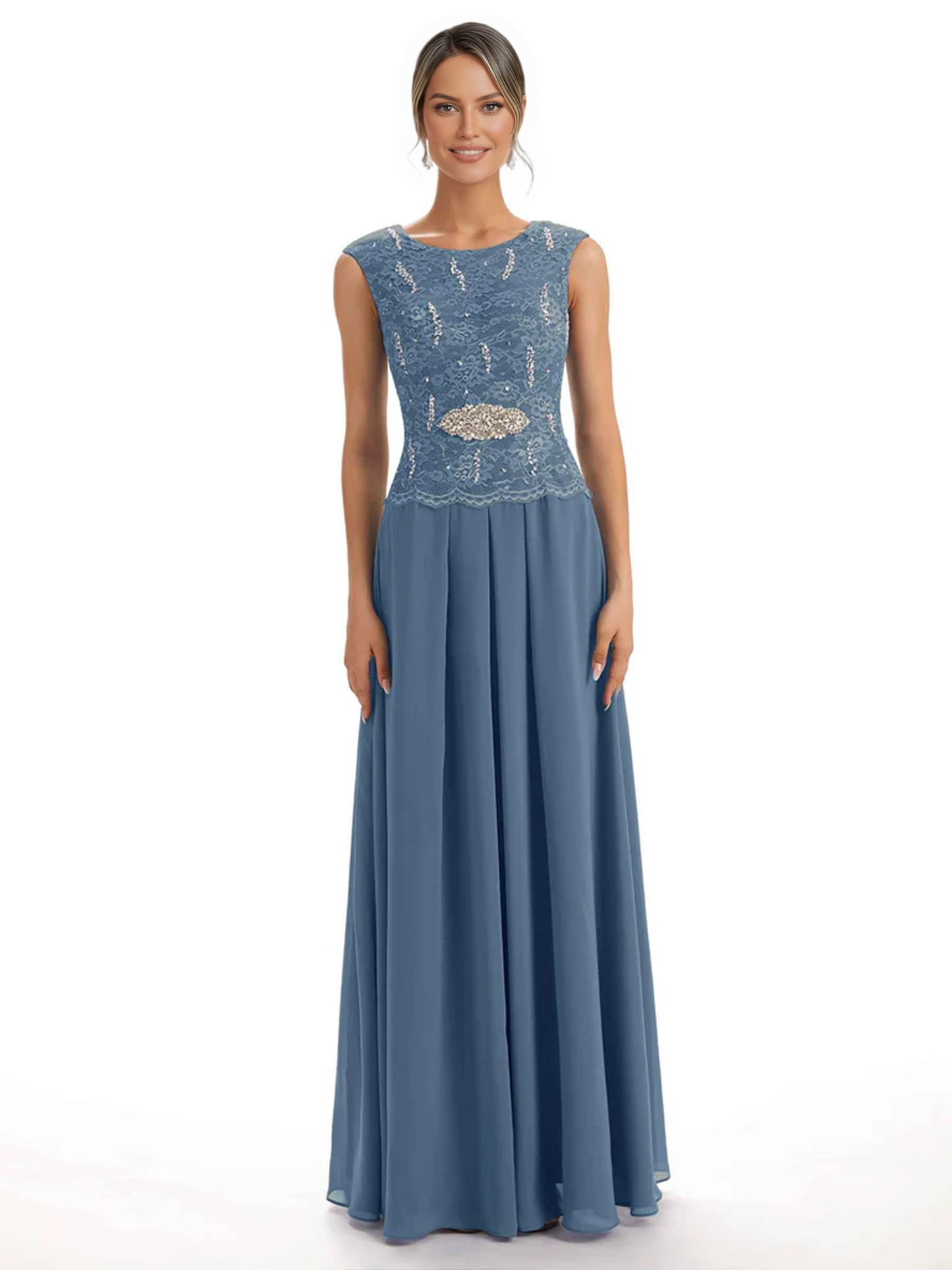 Mother of the Bride Dress Floor-Length Chiffon Gown with Embroidered Lace Bodice
