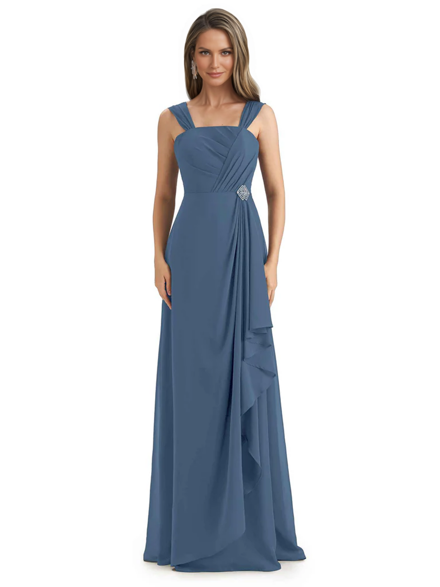 Square Neck Mother of the Bride Dress Floor-Length Chiffon Gown with Ruched Bodice