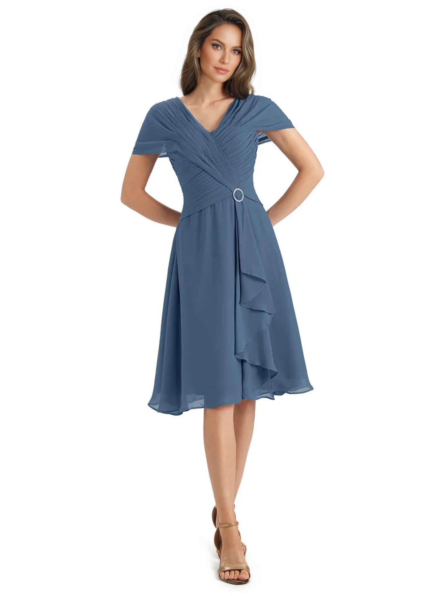 Mother of the Bride Dress Knee-Length V-Neck Chiffon Gown with Ruched Bodice