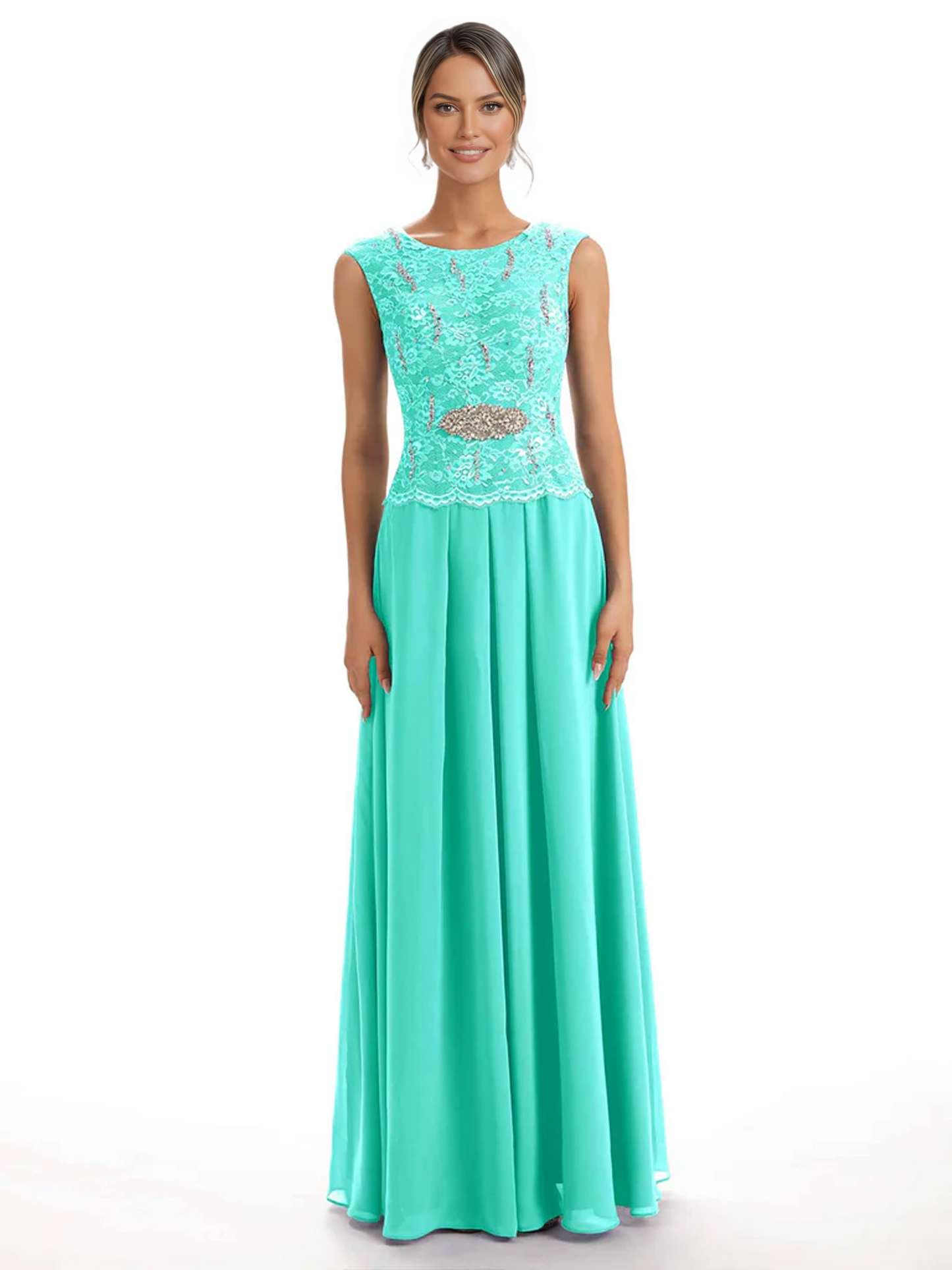 Mother of the Bride Dress Floor-Length Chiffon Gown with Embroidered Lace Bodice