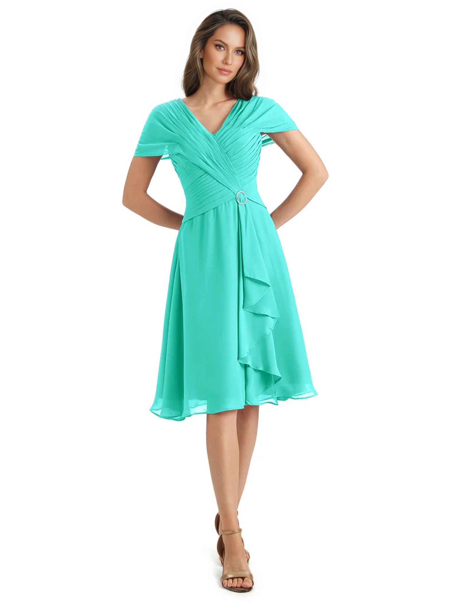 Mother of the Bride Dress Knee-Length V-Neck Chiffon Gown with Ruched Bodice