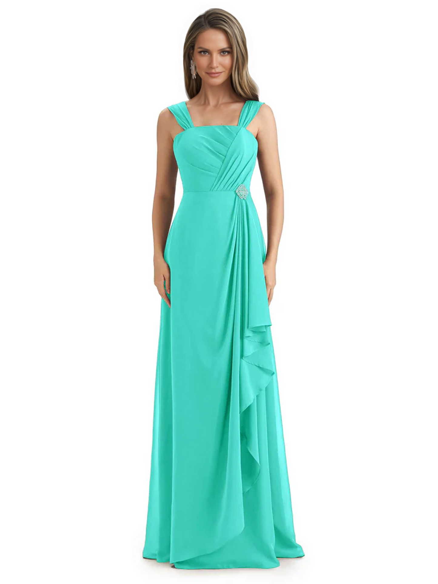 Square Neck Mother of the Bride Dress Floor-Length Chiffon Gown with Ruched Bodice