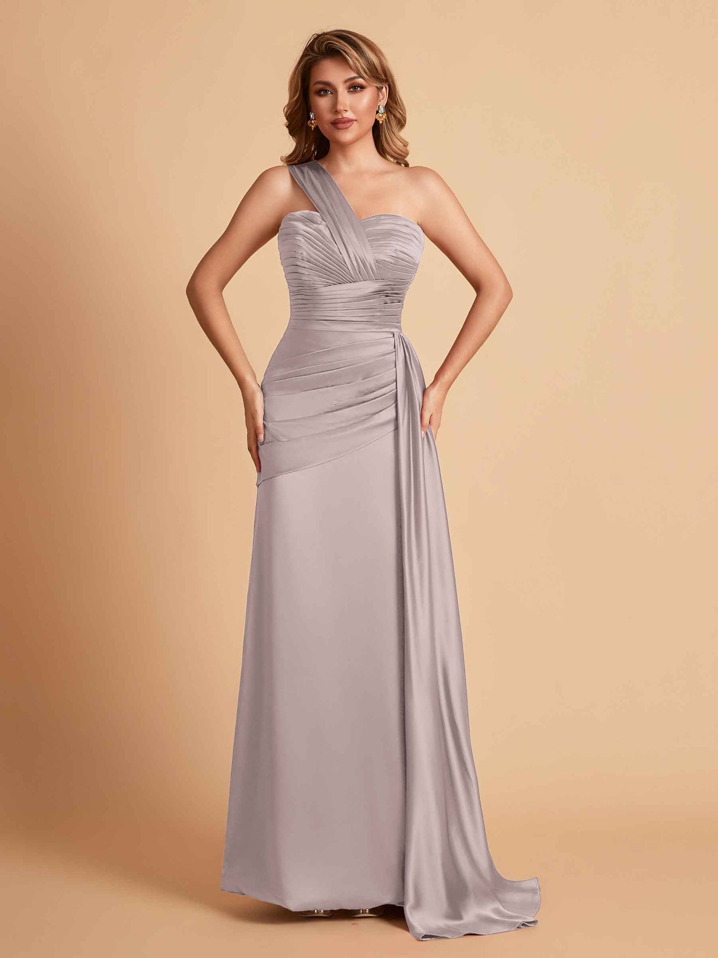 Sexy Satin Sheath One Shoulder With Train Elegant Long Bridesmaid Dresses