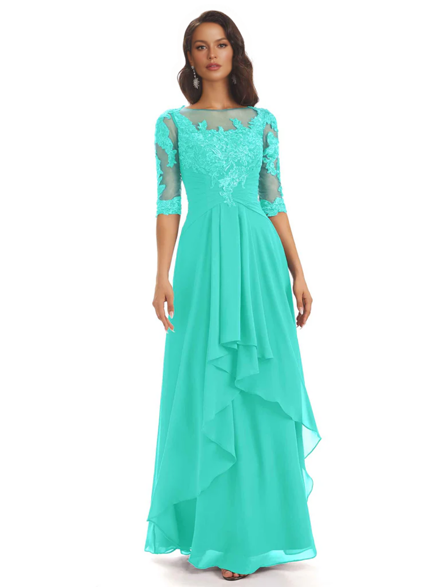 Elegant Lace A-line Chiffon Half Sleeves Mother of the Brides Dresses Floor Length